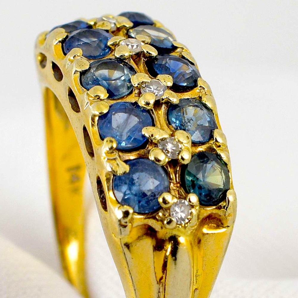 SOLD! 14k Yellow Gold Ring with 2 Rows of 5 Sapphires each & 6 Natural Diamonds - Picture 1 of 7